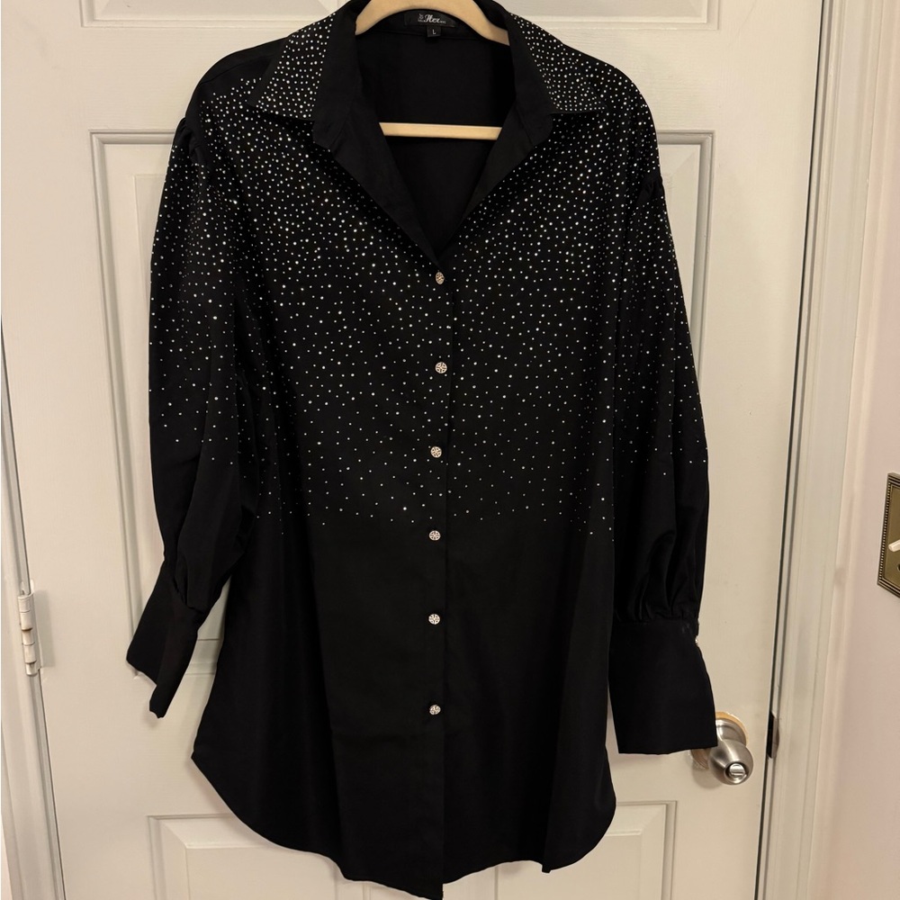 Long Sleeve Rhinestone Black Mini Dress size Large